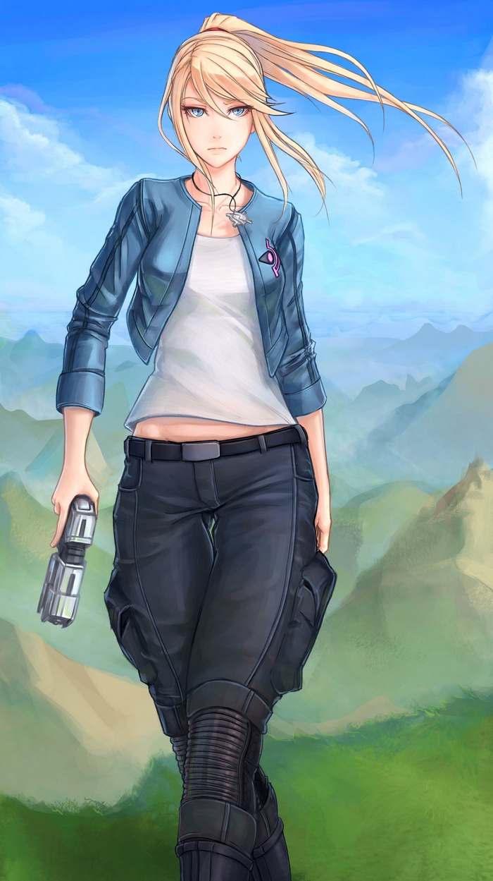 Samus Aran in casual attire with a gun