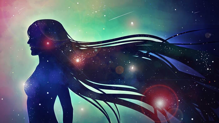 Woman with galaxy hair in colorful nebula