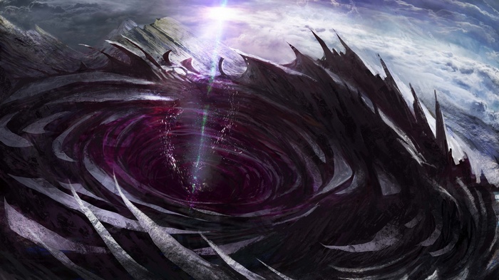 Artwork of a dark planet with a wormhole and light