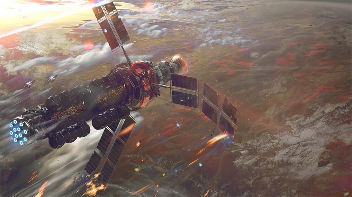 Satellite in orbit above a damaged Earth