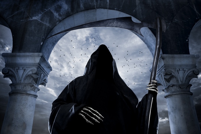 Grim Reaper with Scythe under Gothic Archway