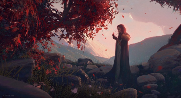 Fantasy art of a redhead woman in a forest