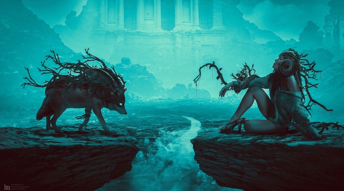 Fantasy art of a wolf and a woman in a mystical landscape