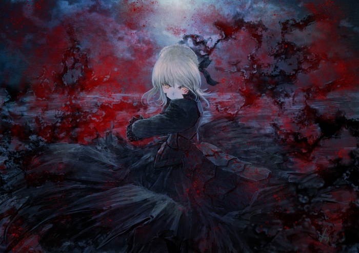 Saber Alter in a dark, bloody landscape