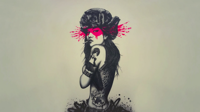 Fin Dac drawing of a tattooed woman with a fur hat