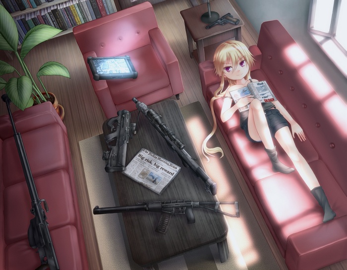 Anime girl with weapons and tablet