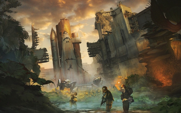 Apocalyptic scene with abandoned space shuttle and figures