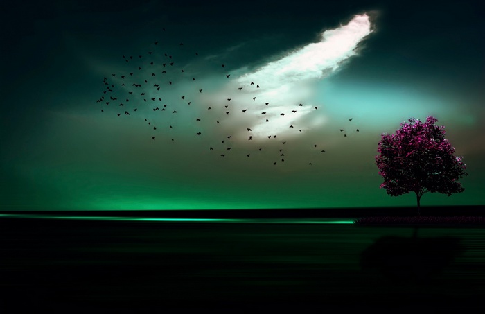 Digital art of birds flying near a tree