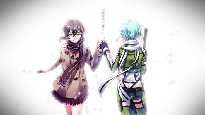 Asada Shino and Sinon holding hands in Sword Art Online