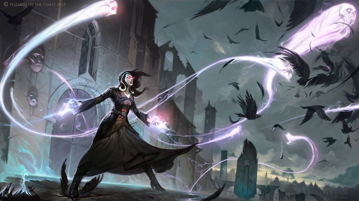 Liliana Vess casting spells with crows and ghosts