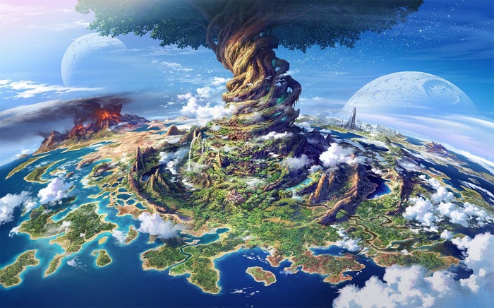 anime, trees, fantasy art, landscape, mana tree, World Tree, giant