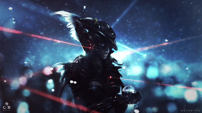 Digital art of a futuristic warrior holding a sphere