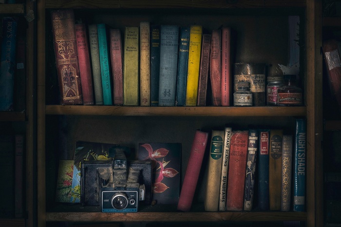 Old books and a vintage camera on a shelf