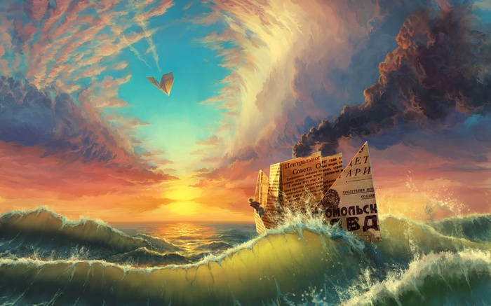 Paper Ship Sailing Through Waves at Sunset