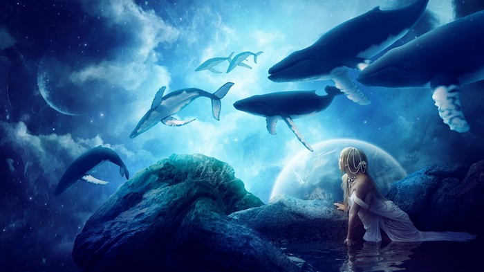 Fantasy art of whales swimming in a starry sky with a woman