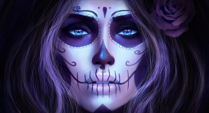 Woman with Sugar Skull face paint and purple rose