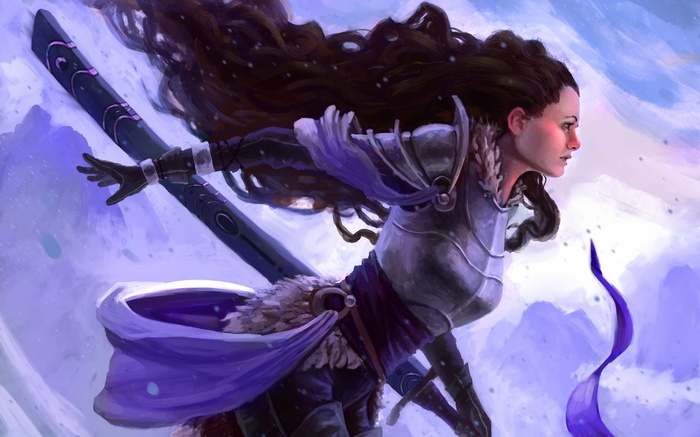 Fantasy art of a woman with a sword in the snow