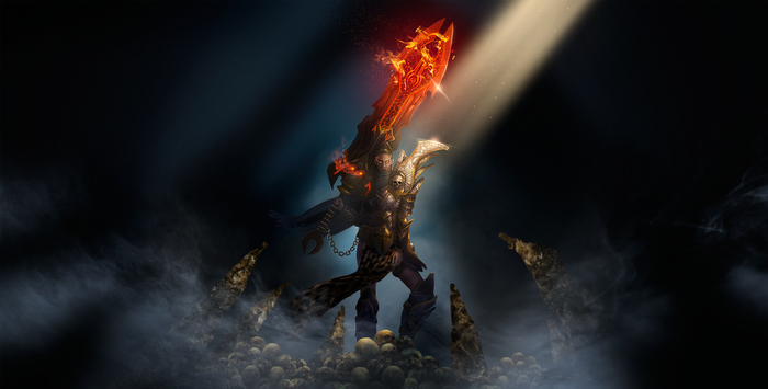 Fantasy warrior with flaming sword standing on skulls