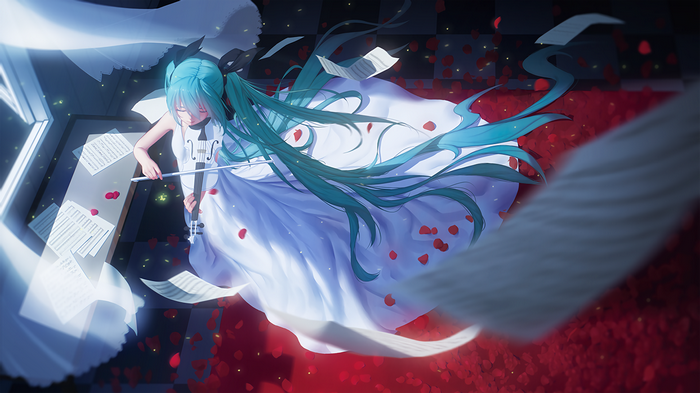 Hatsune Miku playing the violin surrounded by rose petals
