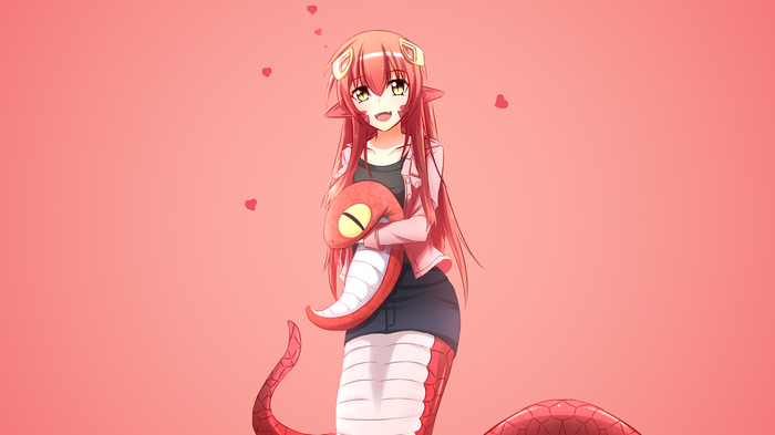 Miia from Monster Musume holding a snake plush