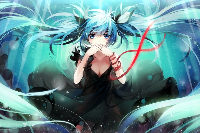 Hatsune Miku in a black dress underwater with red ribbon