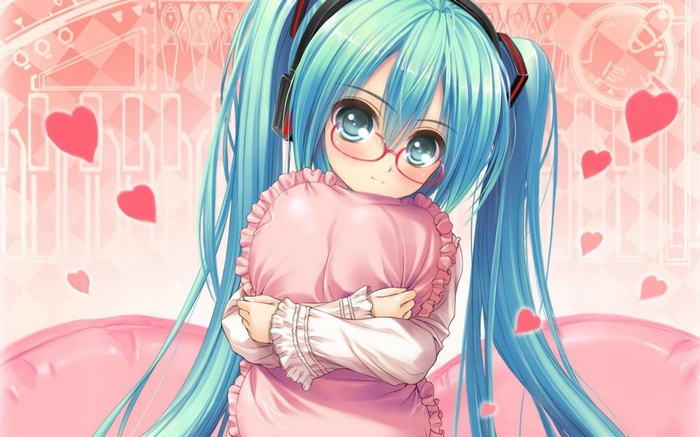 Hatsune Miku holding a pink heart pillow