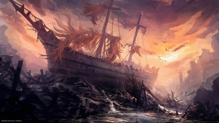 Wrecked Ship in a Post-Apocalyptic Landscape