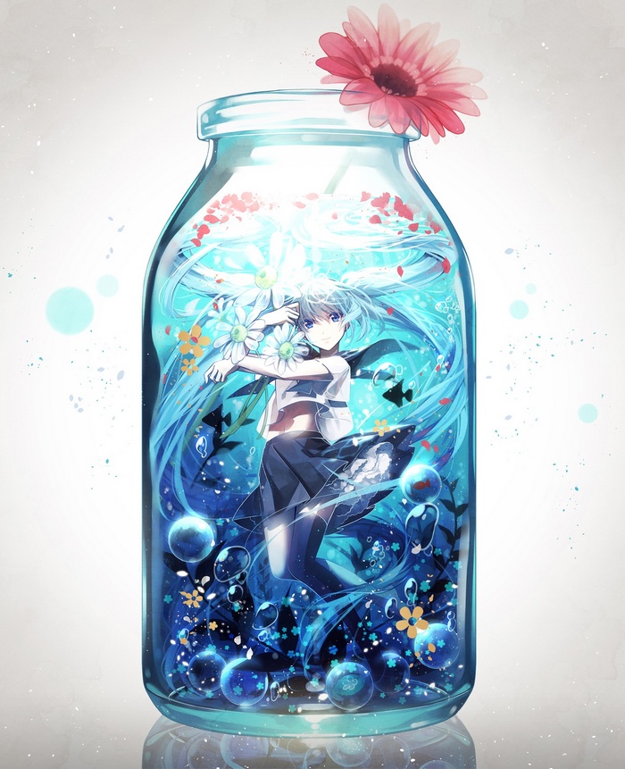 Hatsune Miku in a bottle with flowers and fish
