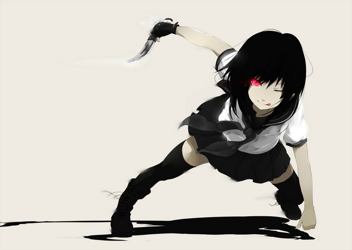 Anime girl with black hair and red eyes holding a knife