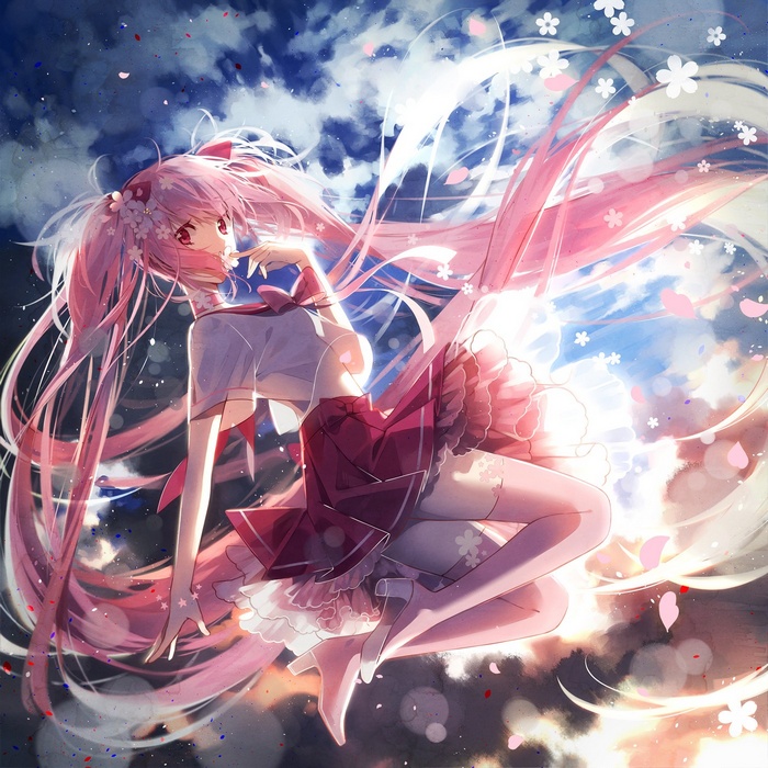 Sakura Miku floating with pink hair and flower petals