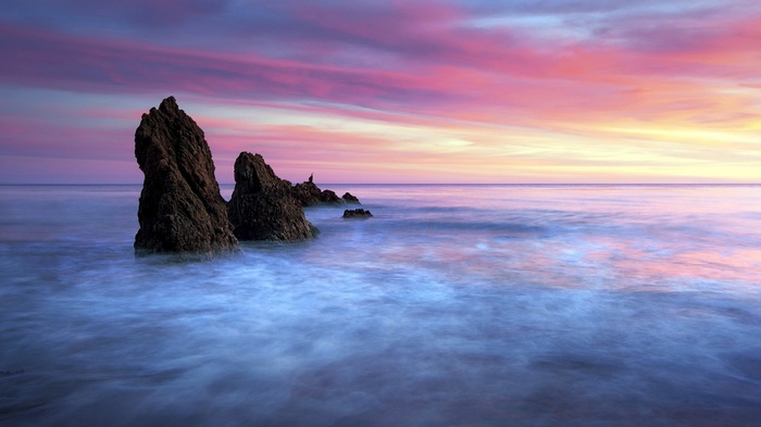 water, horizon, rock, colorful, landscape, clouds, long exposure, waves, nature, sea, sunset