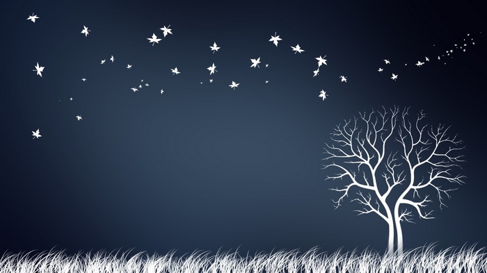 White tree and falling leaves on dark blue background