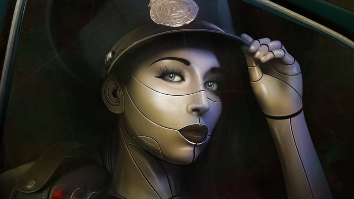 Cyborg police officer in a hat