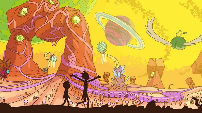 Rick and Morty on an alien planet with strange flora
