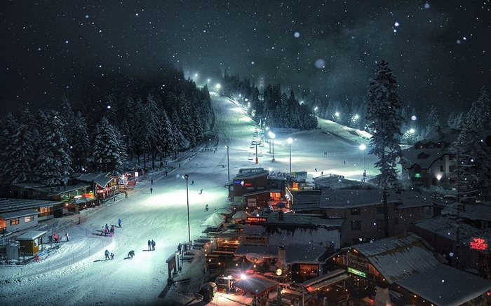 Night ski resort with snow-covered trees and village lights