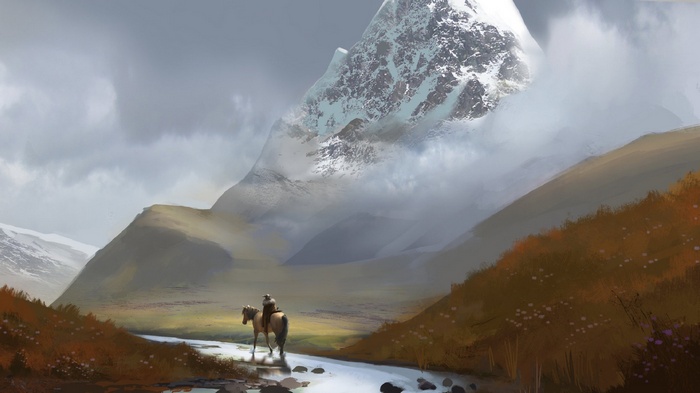 Man on horseback by a river with snowy mountains
