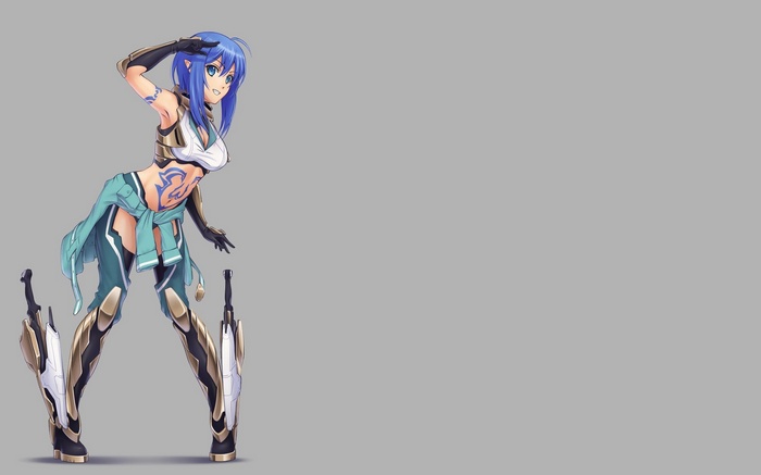 Anime girl with blue hair and cybernetic legs