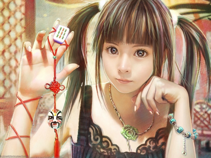 Anime girl with mahjong charm and mask
