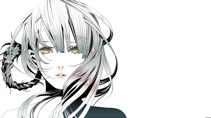 Kaine from NierR with white hair and yellow eyes