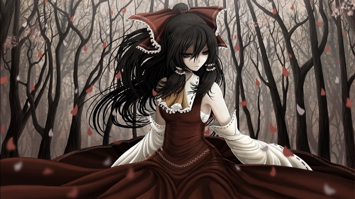 Hakurei Reimu in a dark forest