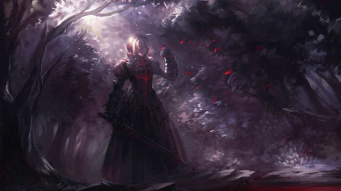 Saber Alter in a dark forest with red petals