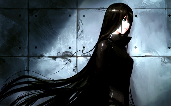 Anime girl with long black hair and blue eyes