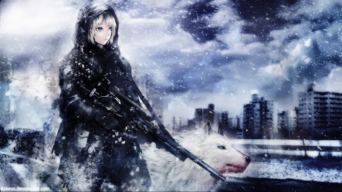 Girl with wolf and sniper rifle in snowy cityscape
