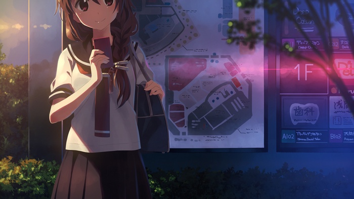 Anime girl in school uniform holding a cellphone