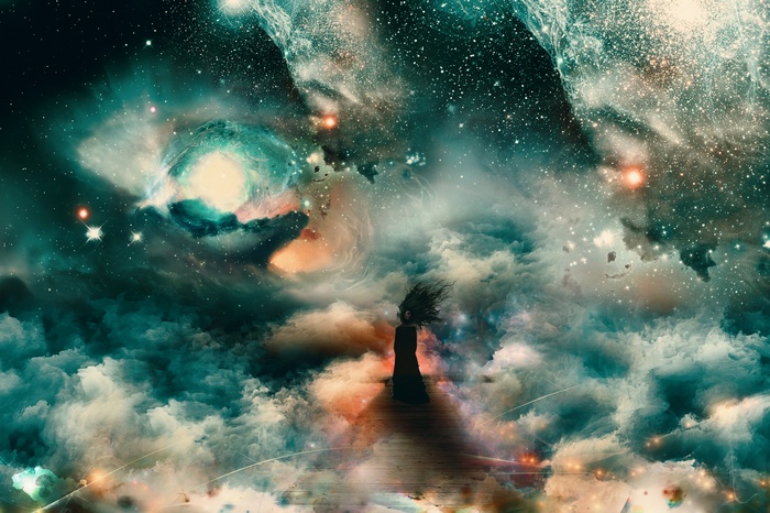Woman walking on a bridge in a galaxy