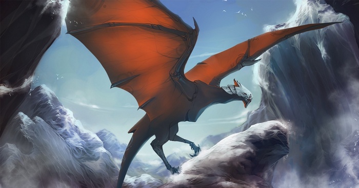 Wyvern flying through icy mountains