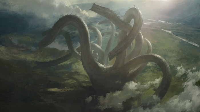 Hydra emerges from stormy waters, fantasy art by Mazert Young