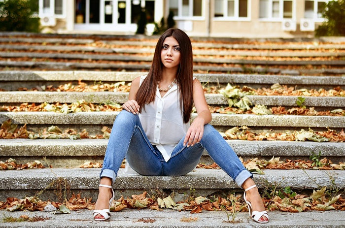 jeans, ladders, sitting, high heels, women