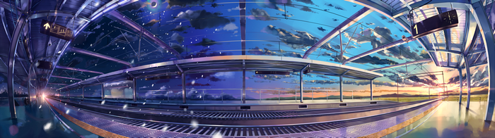 Train station at dusk and dawn with multiple displays