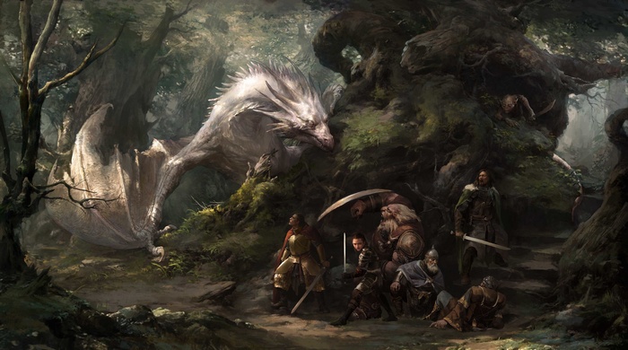 Fantasy art of a white dragon and adventurers in a forest